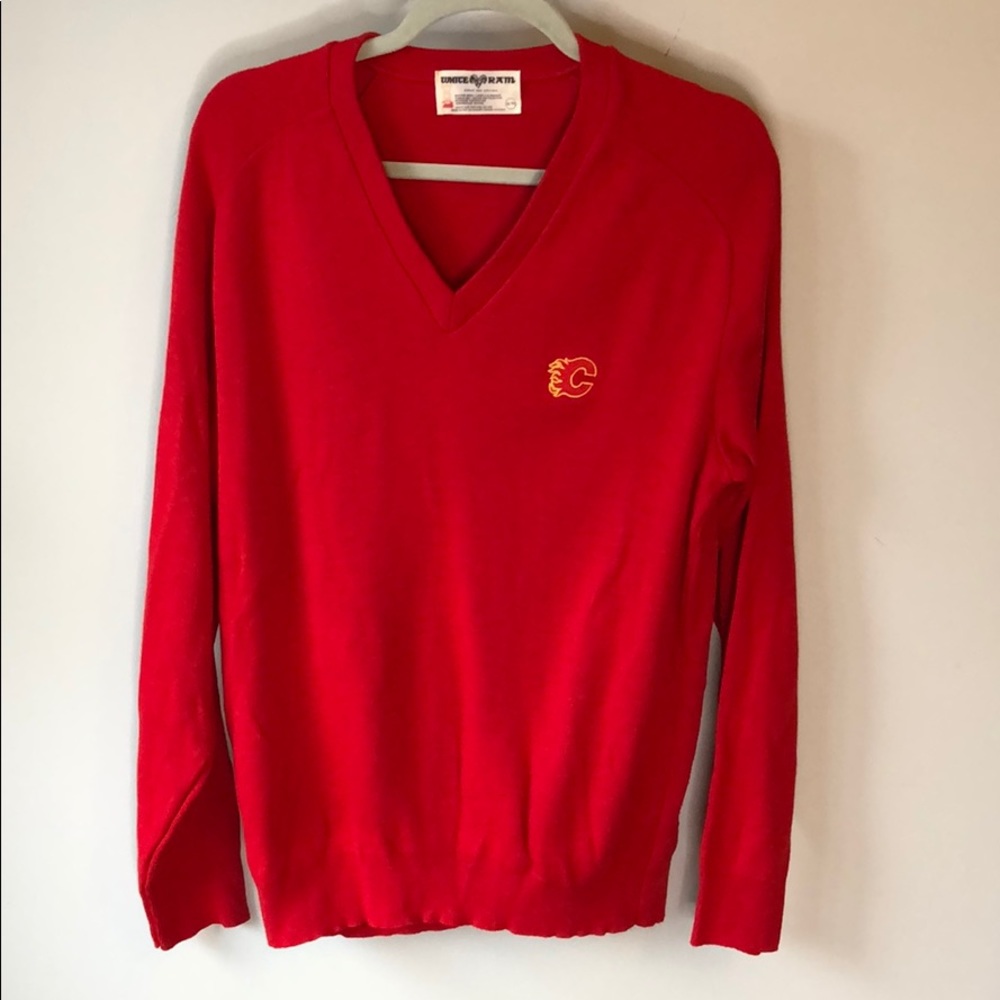 Vintage White Ram Calgary Flames Hockey Sweater – Red Knit V‑Neck Knit | Size XL